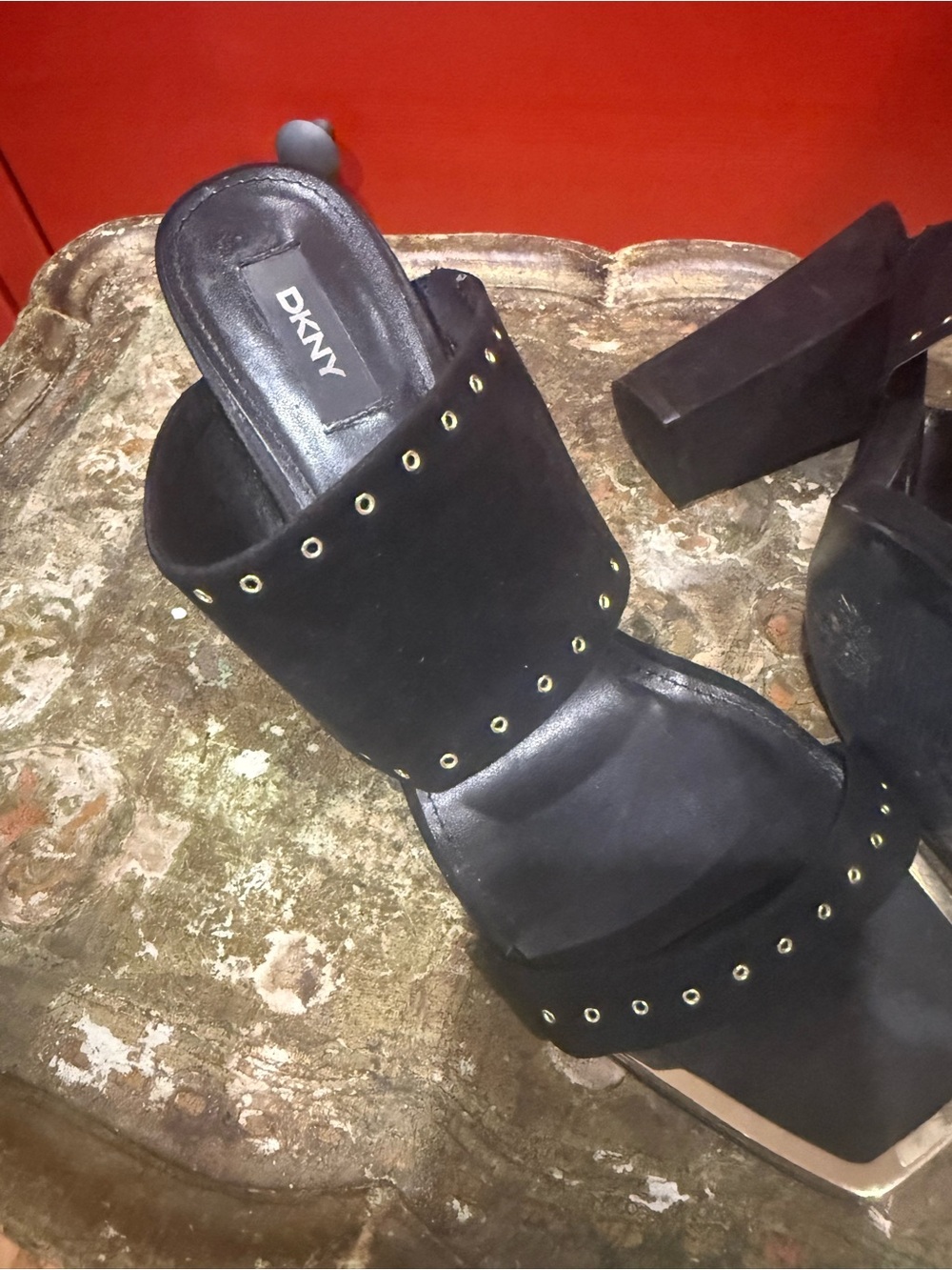 DKNY Black Studded Slide Mules with Gold Trim - Picture 4 of 6